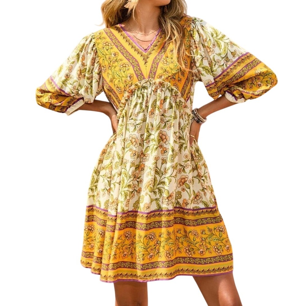 Boho BTFBM Women Yellow Floral V-Neck Puff Sleeve‎ Mix Pattern Mini Dress M EUC